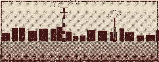版画风格插图：两座广播塔立在首府的剪影之上，塔顶向外扩散出一圈圈同心声波