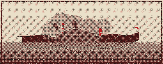 版画风格插图：旗舰「该隐号」的侧面剪影，身后是红色的放射光芒与升起的黑烟